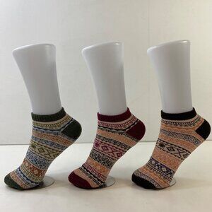 Womens Ankle Socks Set 3 Geometric Tribal Pattern Green Red Brown Orange Blue